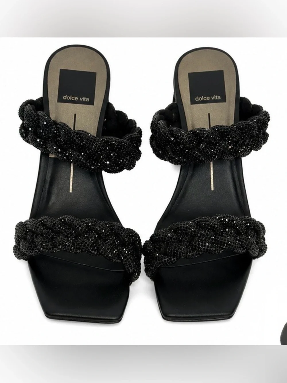 NIB Dolce Vita X Tuckernuck Black Rhinestone Braided Block Heel Mule Sandals 6.5